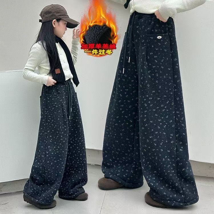 女童加绒裤子一体葵花绒秋冬2025新款加厚碎花中大童儿童加绒裤子