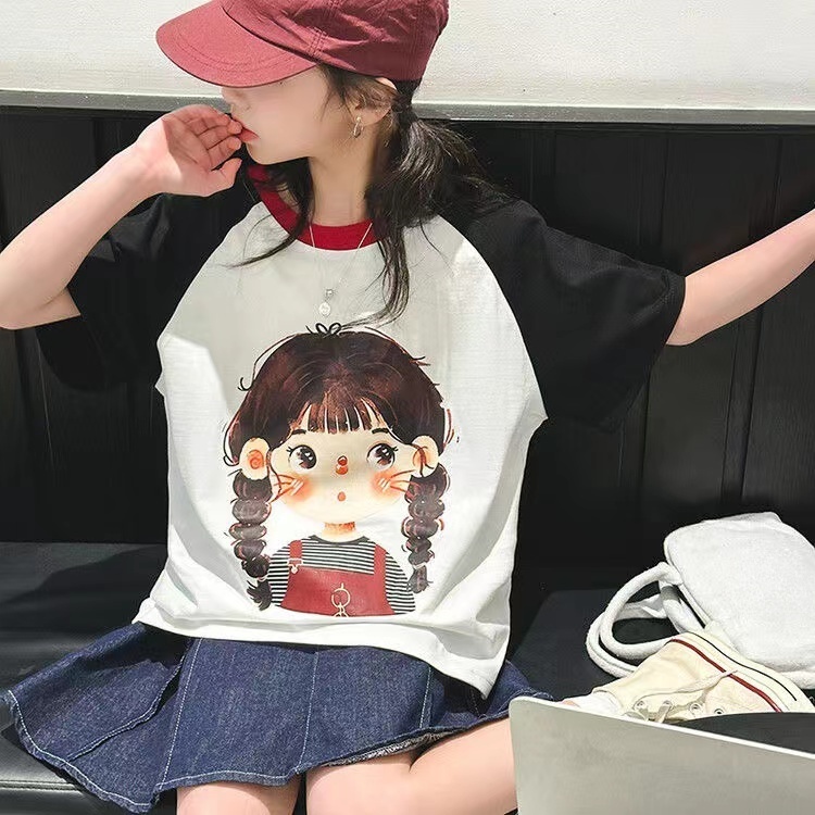 女童2025夏季新款洋气拼色假两件T恤B2457