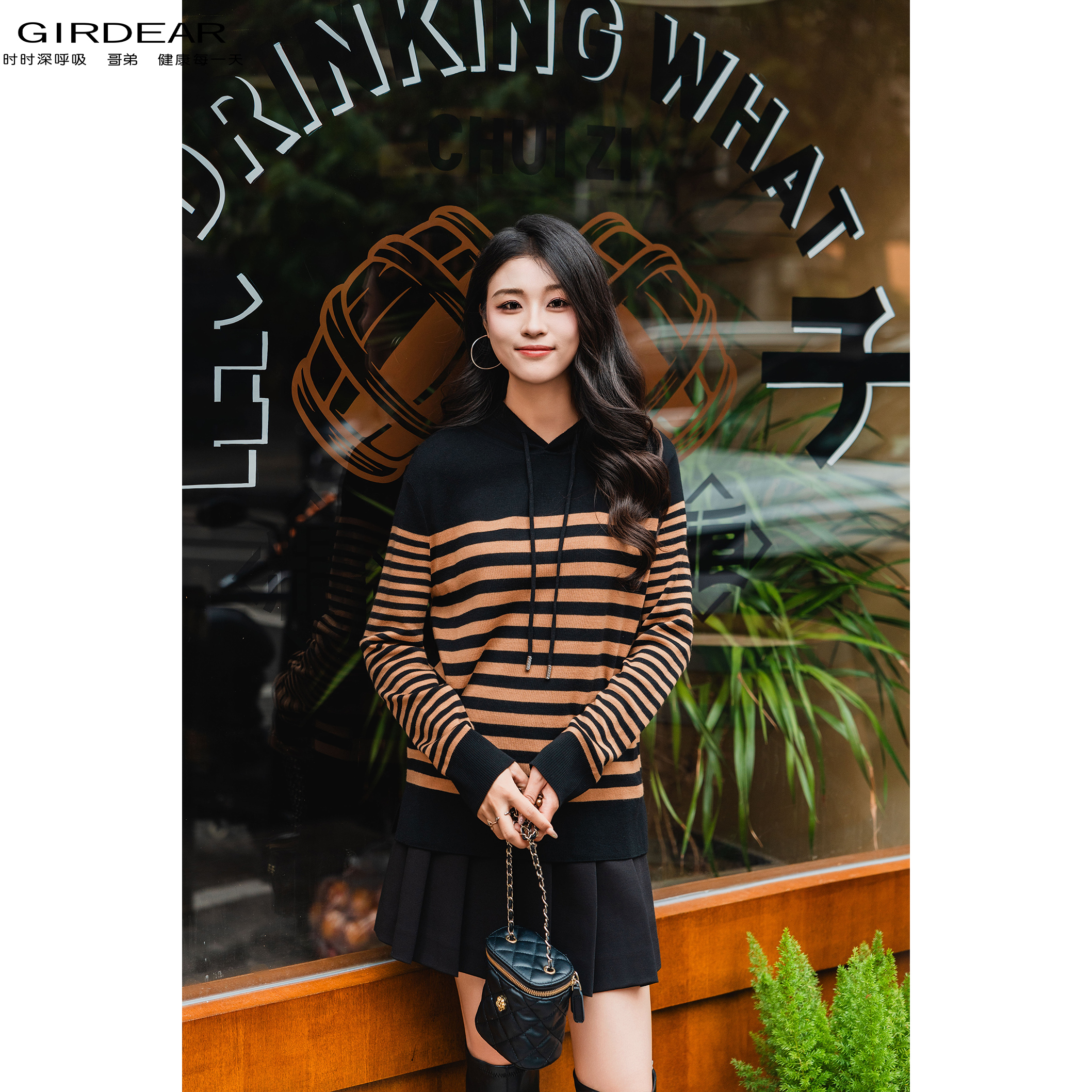 GIRDEAR/哥弟雅丹风经典条纹连帽套头羊毛山羊绒针织衫女 1399586