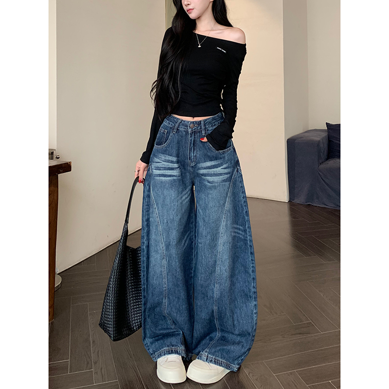 深蓝色弯刀阔腿牛仔裤女2025早秋新款美式高腰宽松设计感拖地长裤
