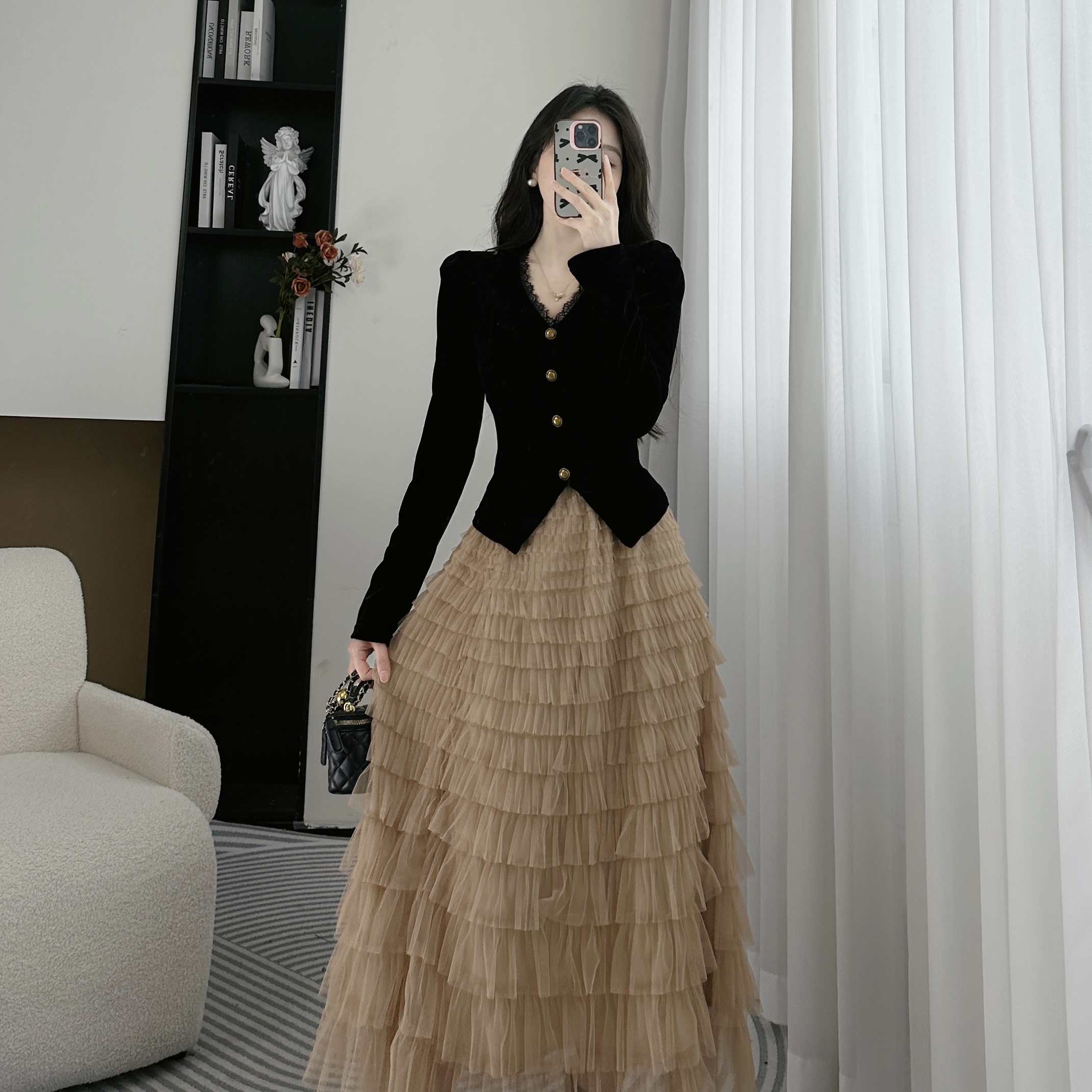 拉夏贝尔25年春季新款轻熟风显瘦气质优雅上衣+半身裙 8055 RCK