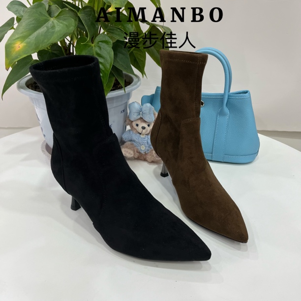 【漫步佳人】8681 74677尖头细跟绒面拉链显瘦高跟气质秋冬季短靴