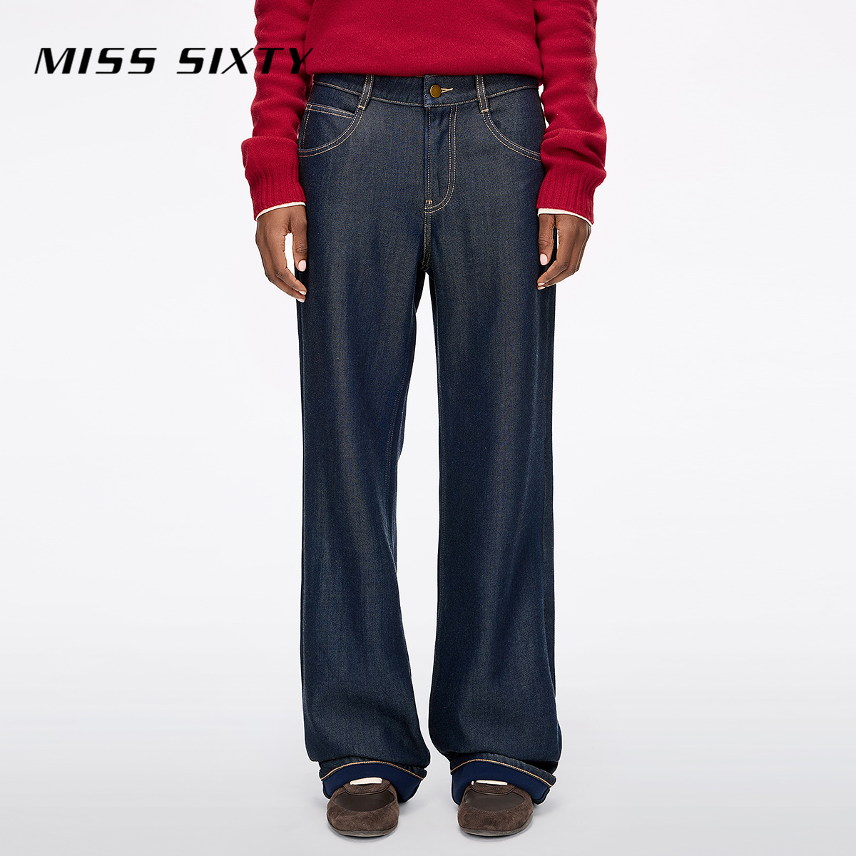 Miss Sixty2025冬季新款复合绒牛仔裤女中腰复古洗水百搭直筒裤