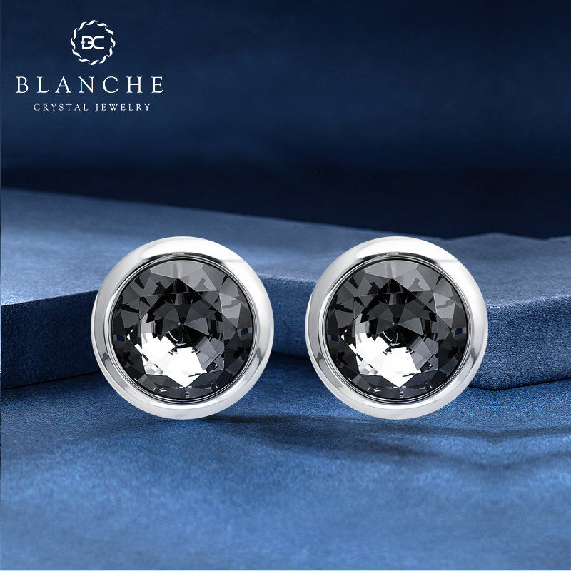 铜合金仿水晶耳饰 旭日圆形施家黑色水晶耳钉男高级感耳环3412