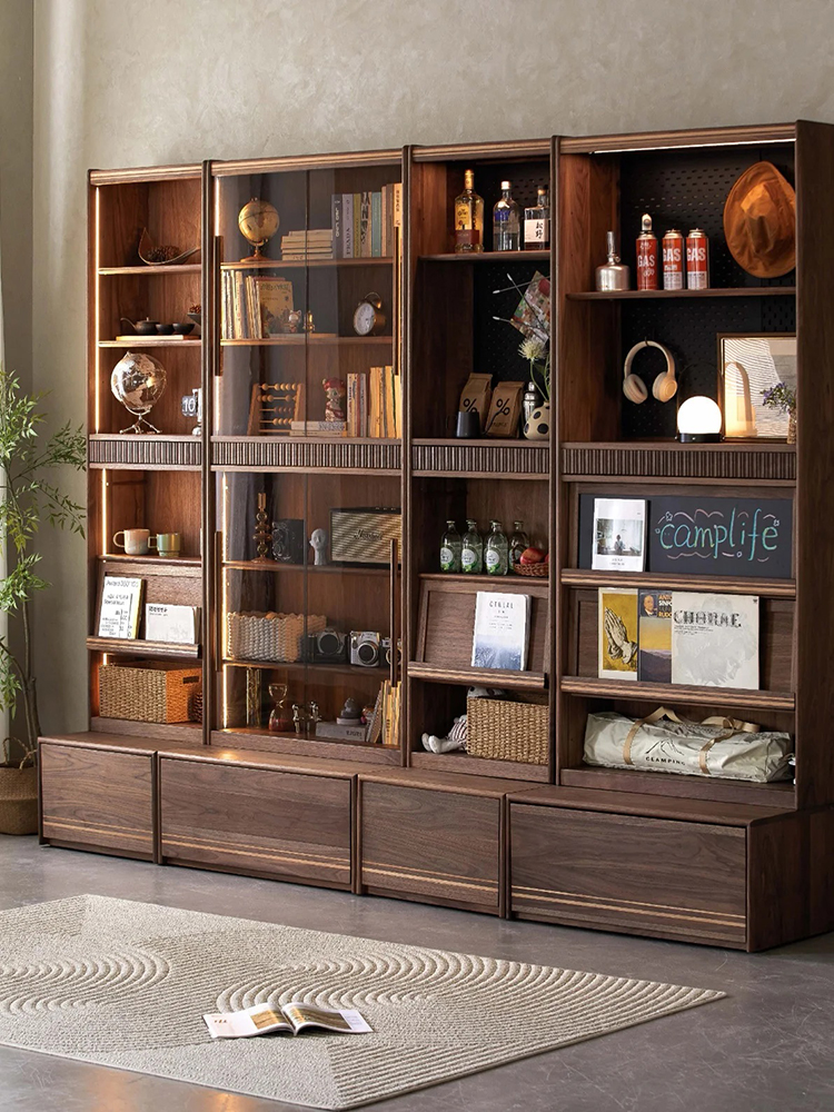 北美黑胡桃实木组合书柜玻璃满墙书架展示柜卡座客厅储物展示书架