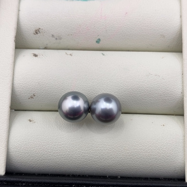 海水珍珠耳钉未镶嵌大溪地铂金灰素钉9-10mm