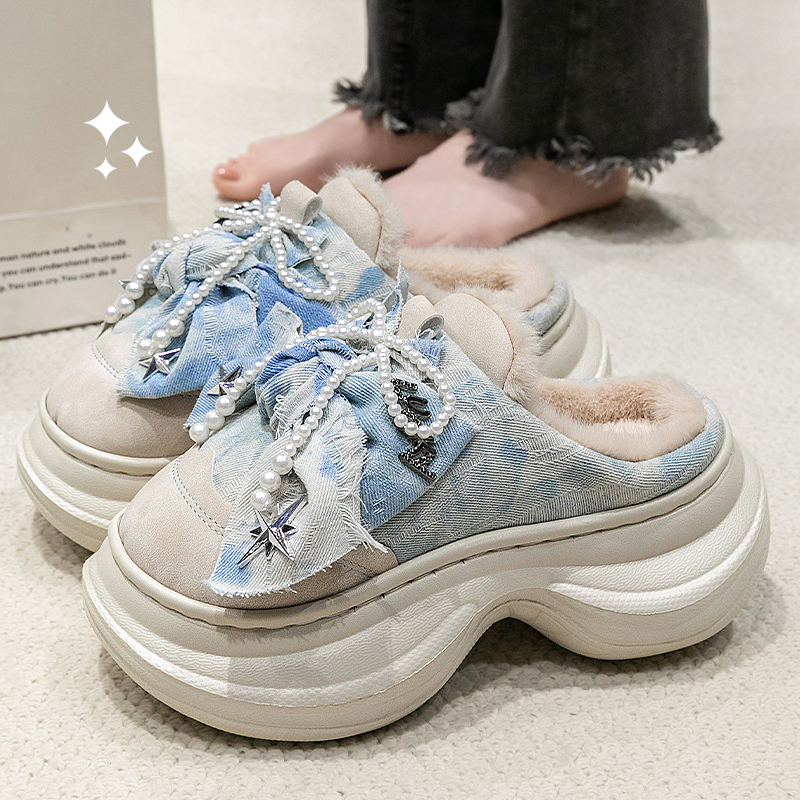 棉拖鞋女款居家2025秋冬时尚小蛮腰牛仔厚底增高外穿包头保暖拖鞋