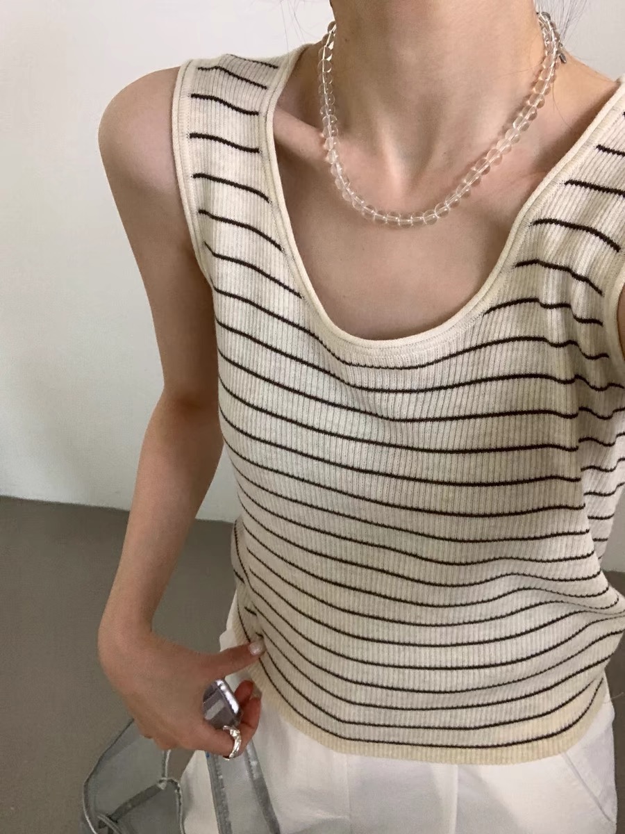《元气多》羊毛通勤百搭条纹针织背心春夏叠穿上衣D3317