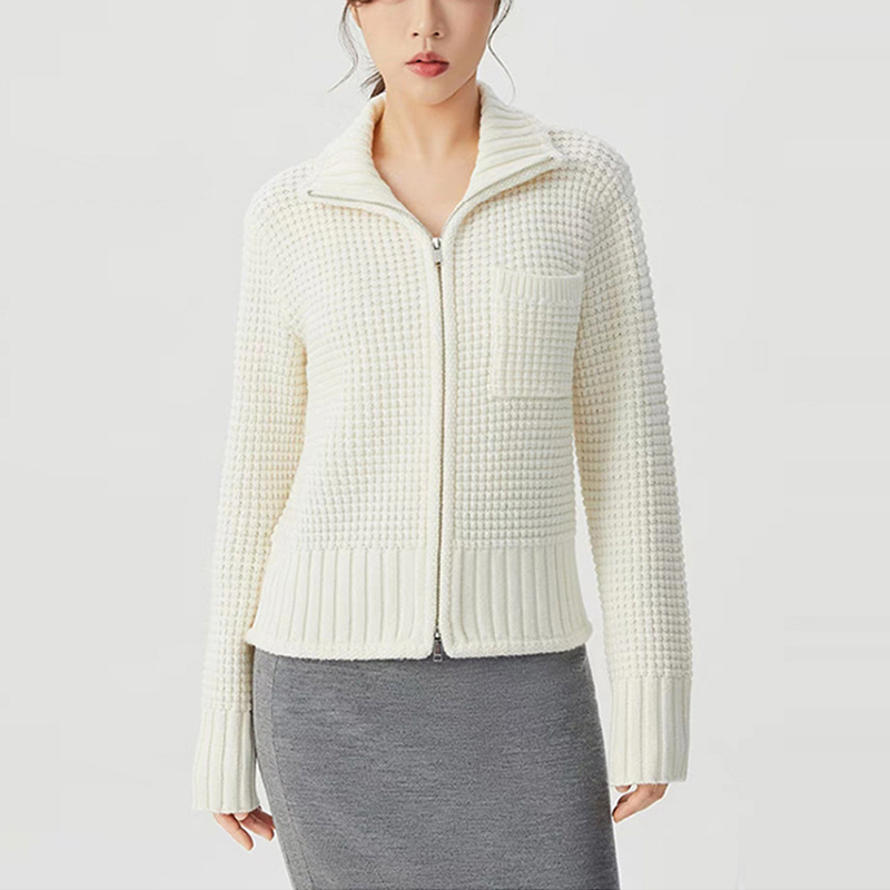 商城同款2026早春新款双头拉链口袋翻领针织开衫外套女A401028