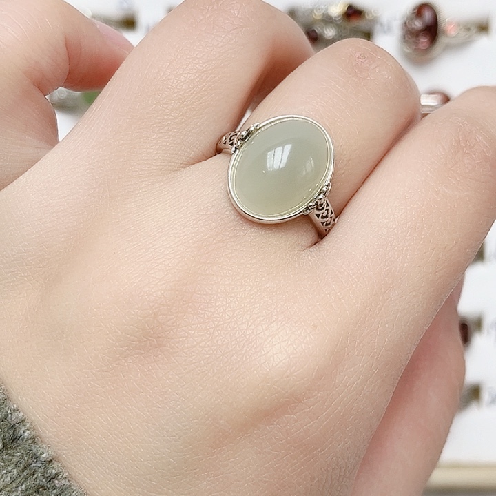 和田玉戒指银S925镶嵌天然