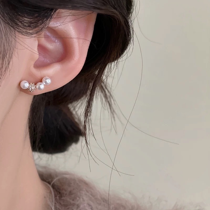 合金锆石耳饰 微笑珍珠锆石耳钉女轻奢高级感气质耳环