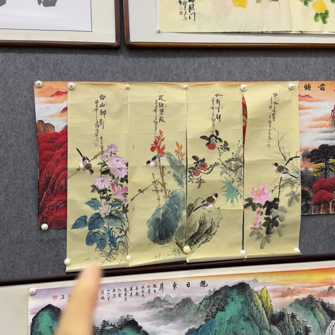 国画三尺四条屏花鸟画芯一幅