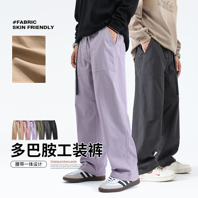 #80170 纯棉日系复古飘带宽松工装阔腿街头直筒休闲长裤男女同款