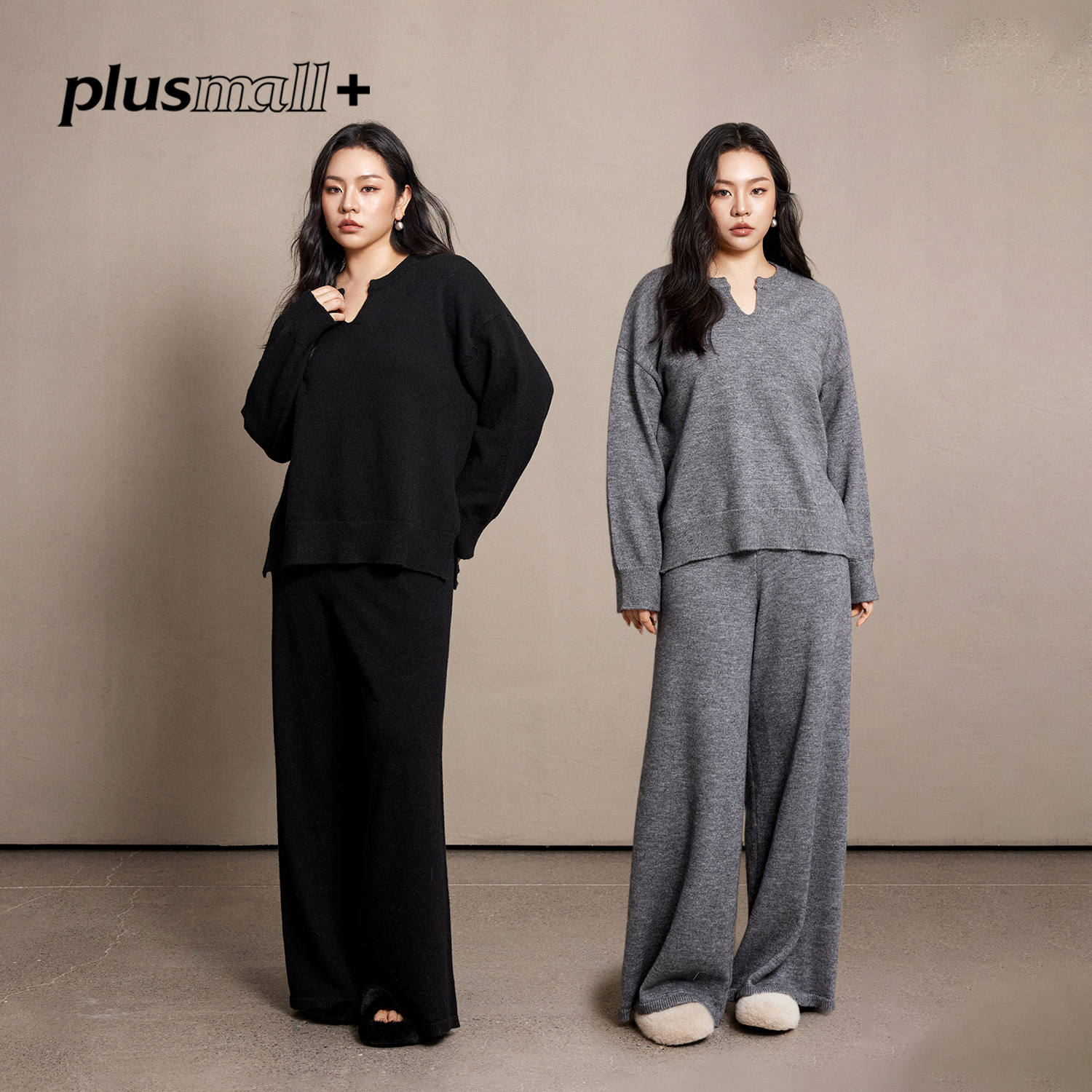 PLUSMALL 暖绒灰阶 慵懒松弛圆领开衩上衣直筒裤套装PM2511102AB