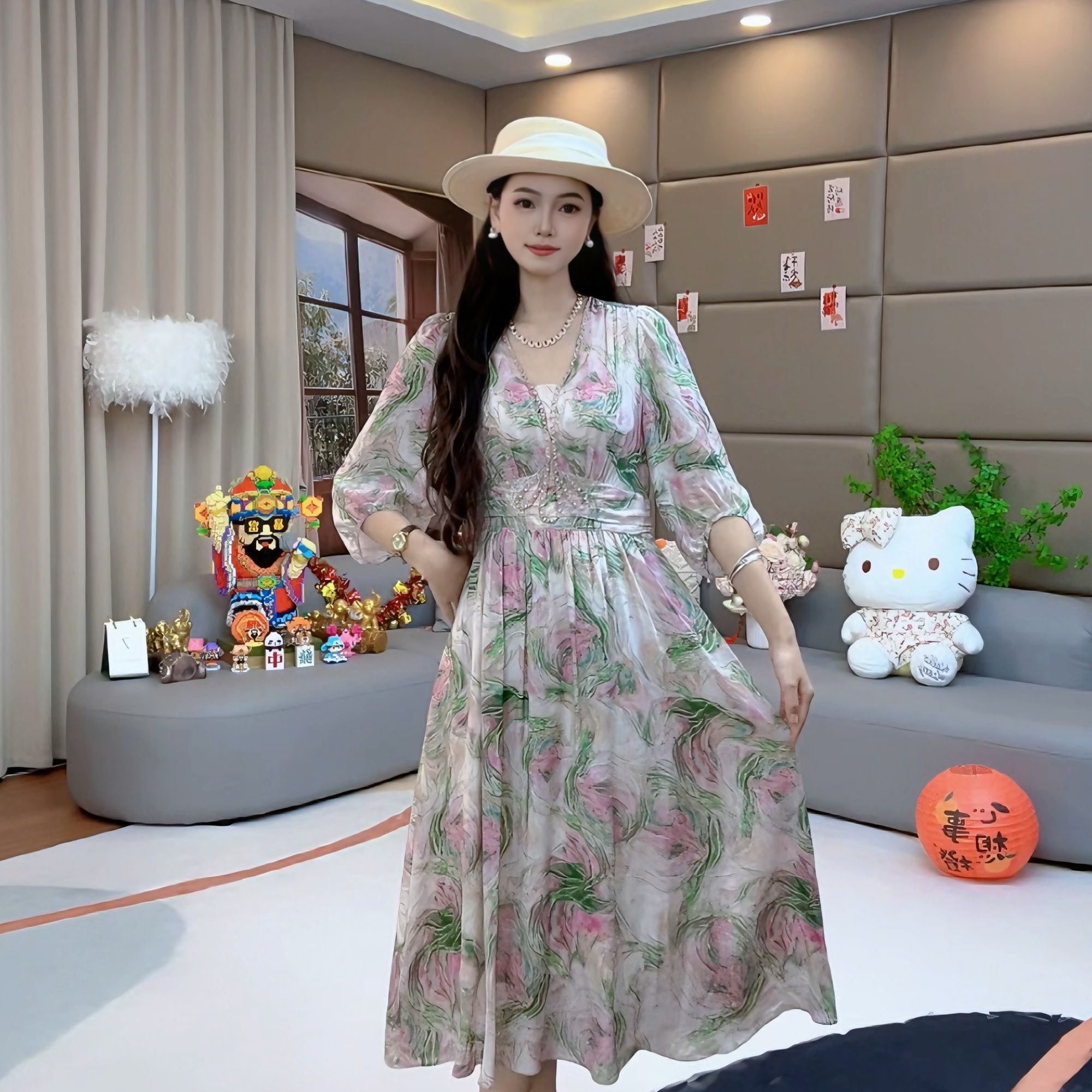 马洛克“绮梦花影”优雅轻奢显瘦时尚印花女士连衣裙 80022
