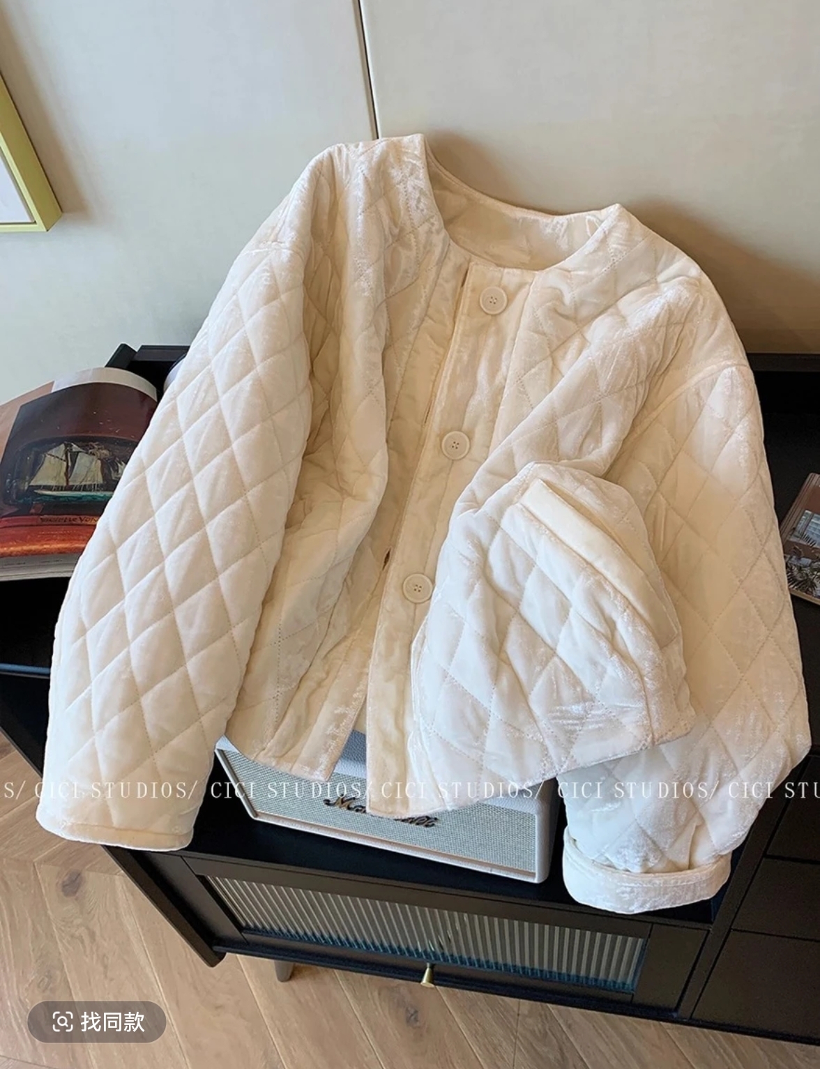 简约白色丝绒菱格纹棉服外套女2025秋冬新款保暖百搭休闲