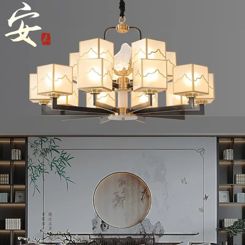 现代新中式全铜客厅吊灯创意中国风云山大厅主灯别墅餐厅水晶灯具