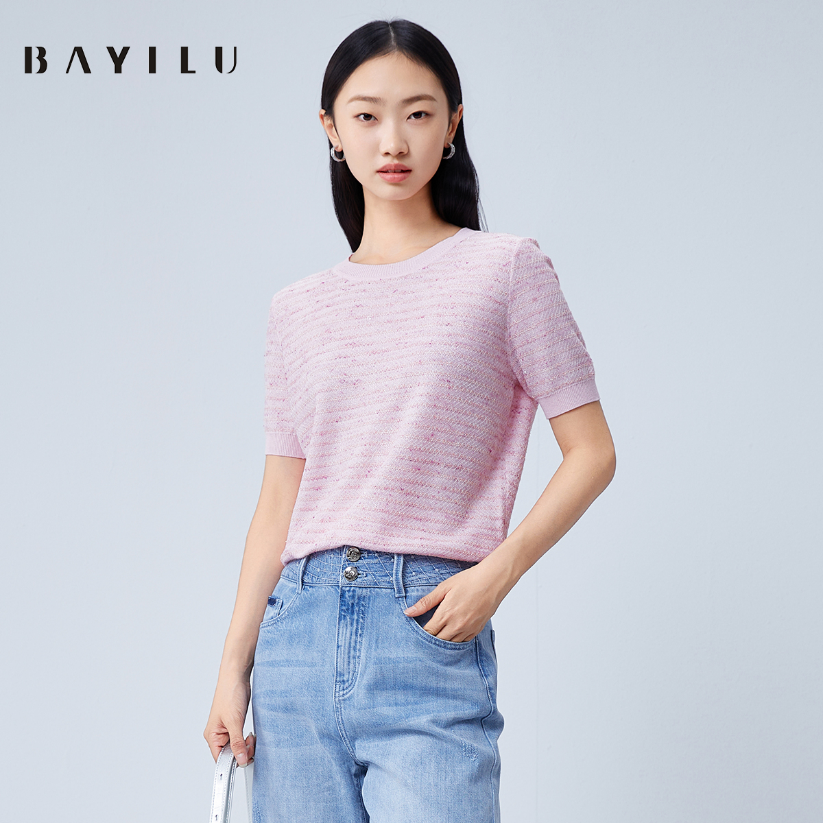 【小春子】芭依璐夏季针织衫女短袖套头衫小香风上衣90S0803