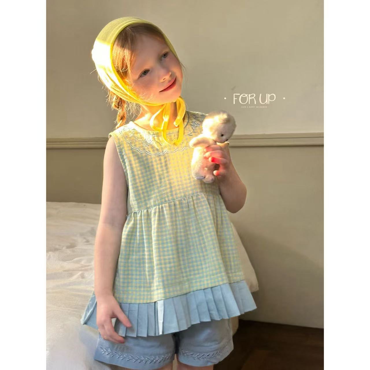 【现货】251-FU-85017幻冰蓝法式洛恩妮花朵刺绣百褶边上衣