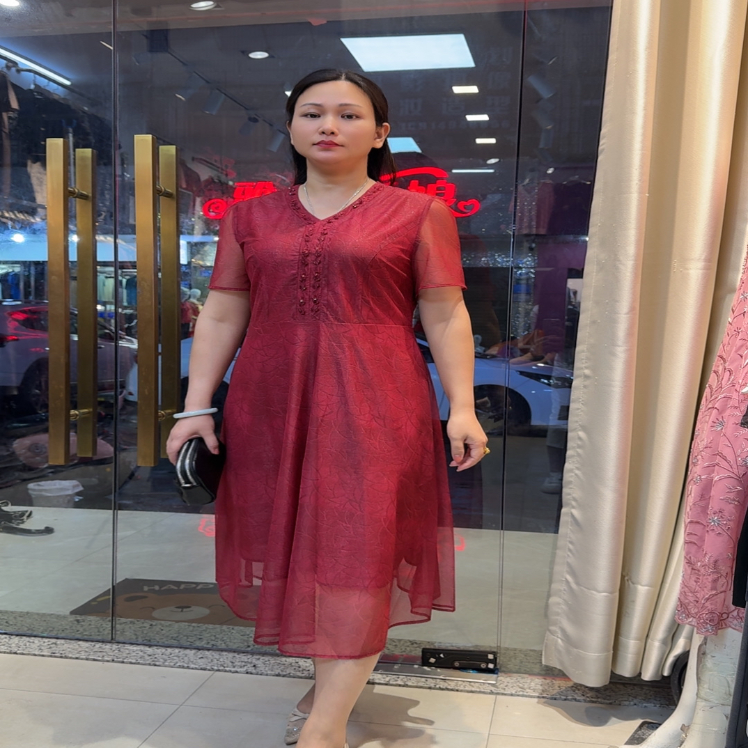 夏季时尚红色中长款气质显瘦连衣裙妈妈装喜婆婆裙子