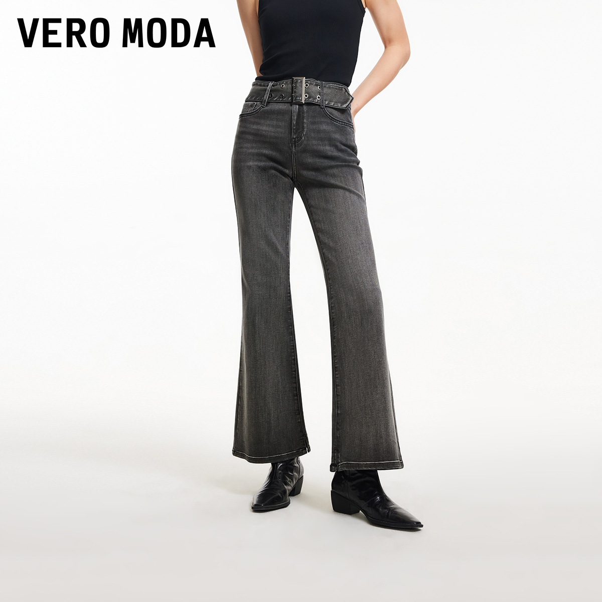 Vero Moda牛仔裤2025冬季新款含棉同色腰带水洗微喇裤时尚百搭