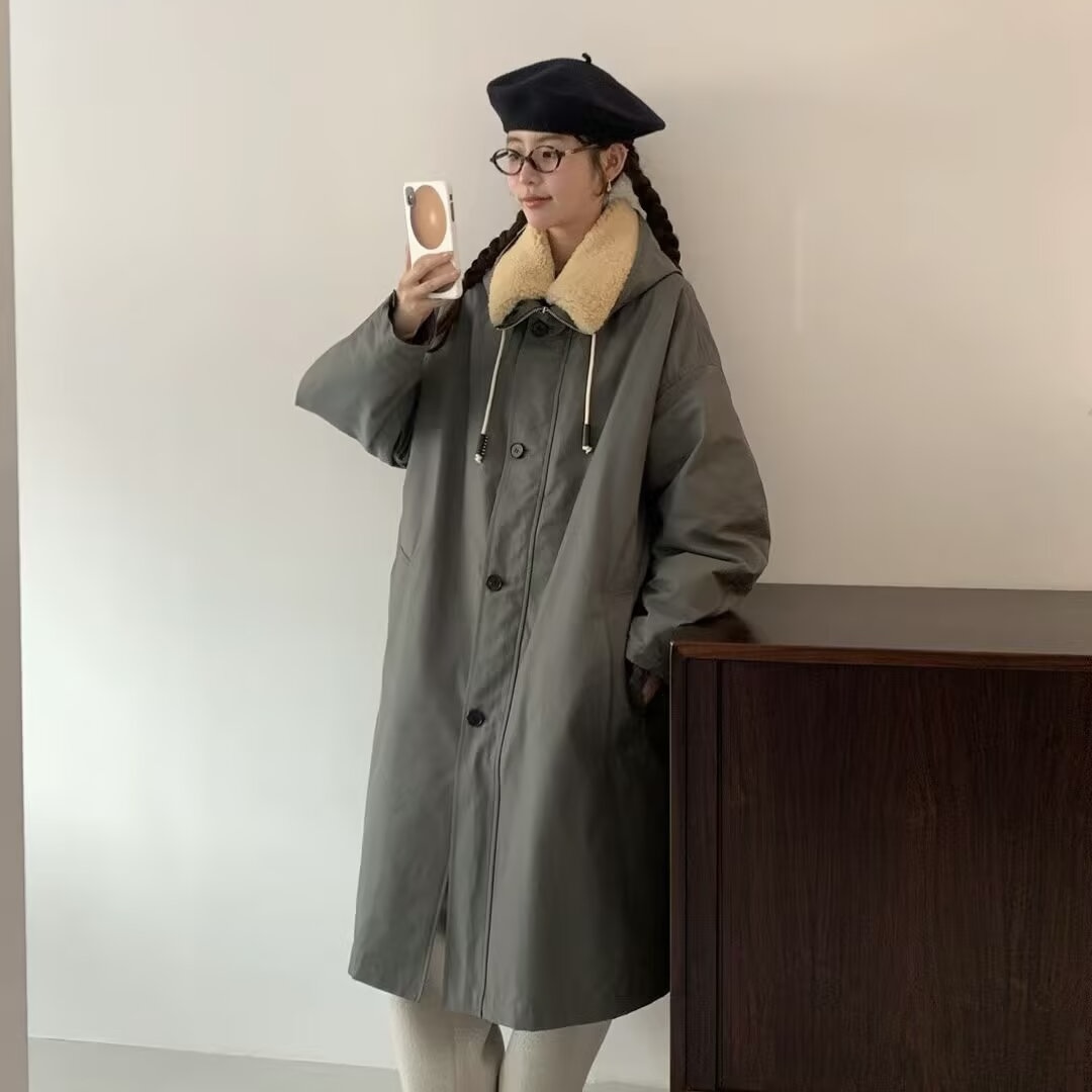 韩版纯色连帽冬季毛领长款外套