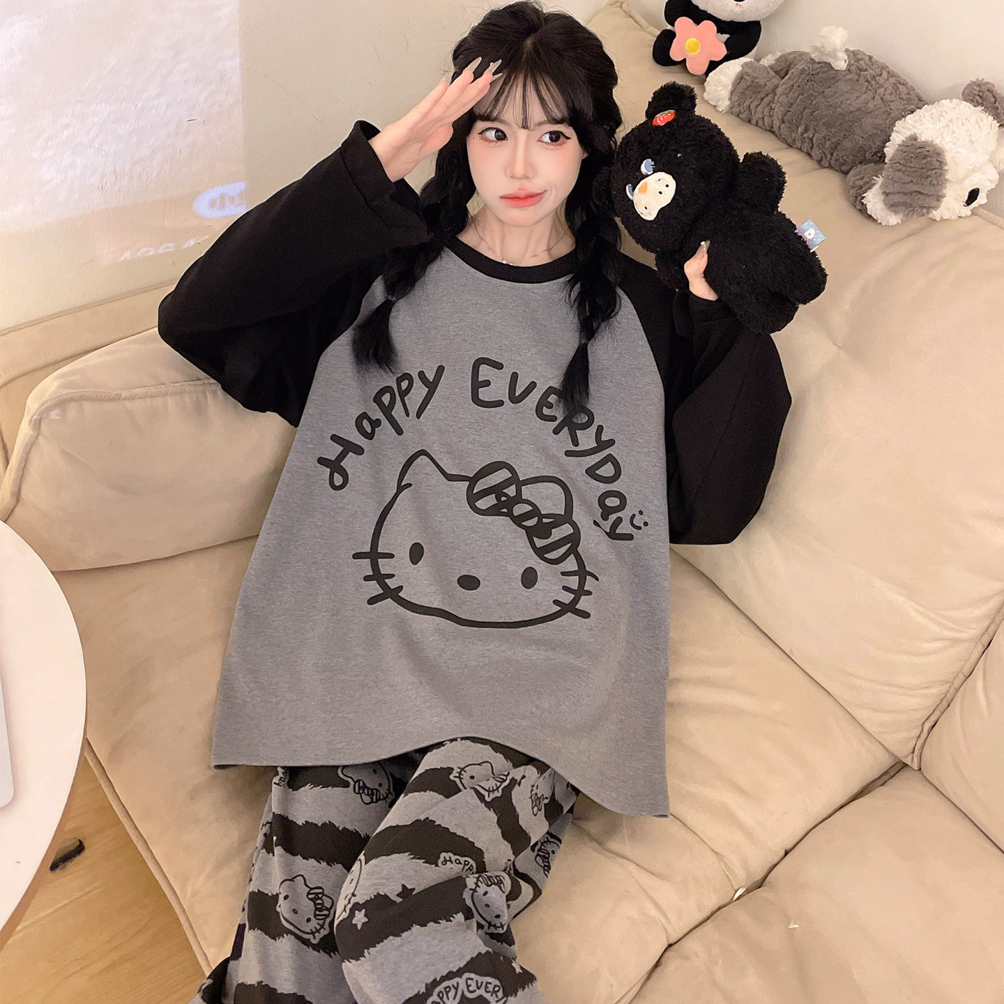 秋季睡衣少女纯棉长袖卡通可爱学生女士秋冬薄款大码200斤家居服