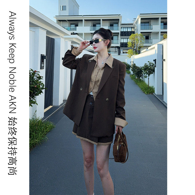 艾珂妮8062【西装外套+短裙】美拉德风宽松韩版一粒扣小西装两件套