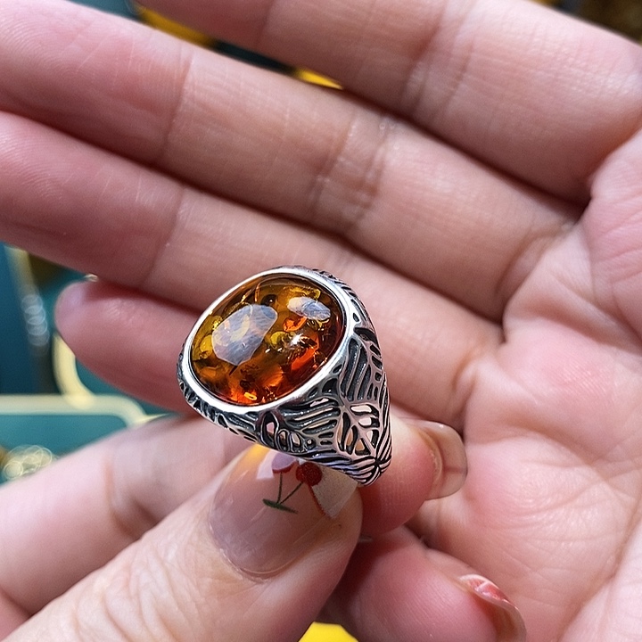 琥珀（花珀）戒指银S925镶嵌