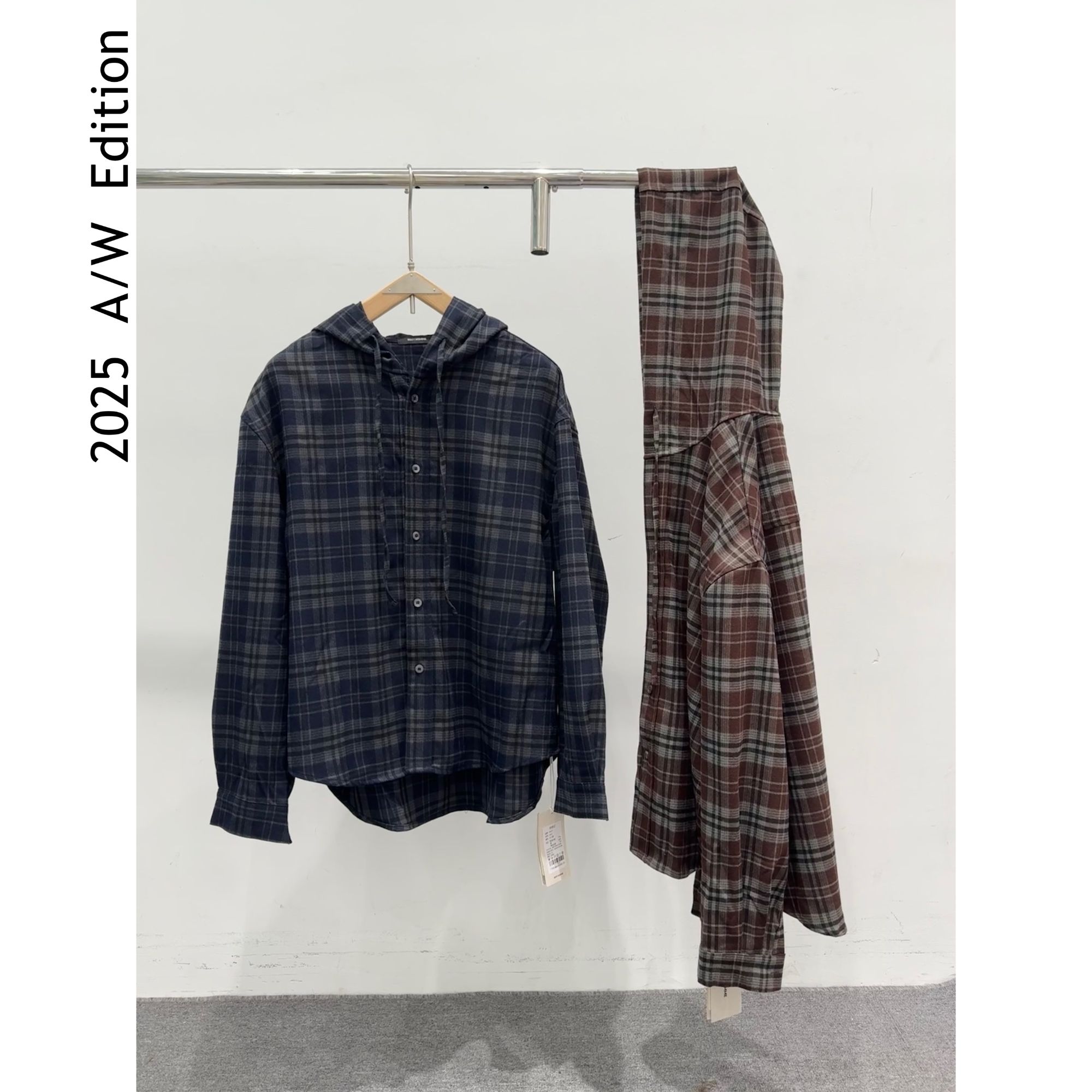 ARUI 2025 A/W 韩系美拉德复古系列格纹连帽慵懒感长袖衬衫外套