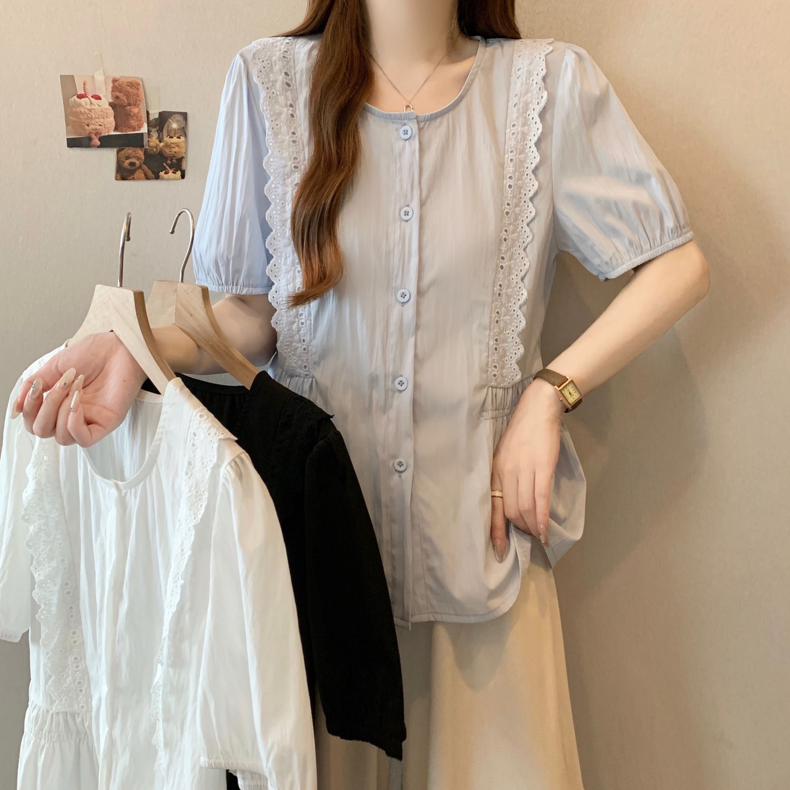 5571 胖妹妹显瘦遮肚子衬衫女夏季蕾丝花边收腰短袖娃娃衫