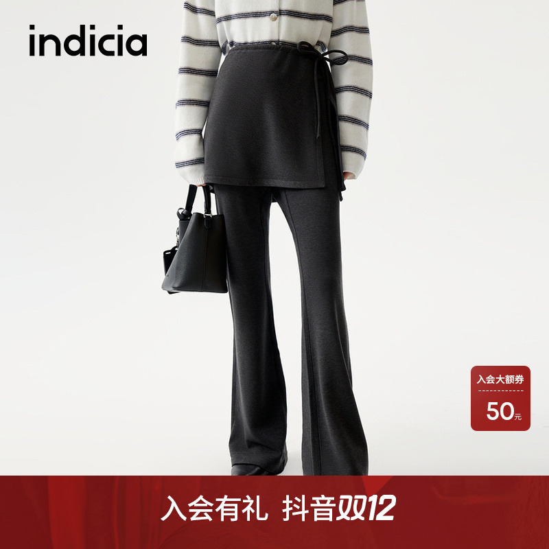 indicia标记25冬新款侧抽绳假两件屁帘休闲裤直筒微喇L2D5KZ243