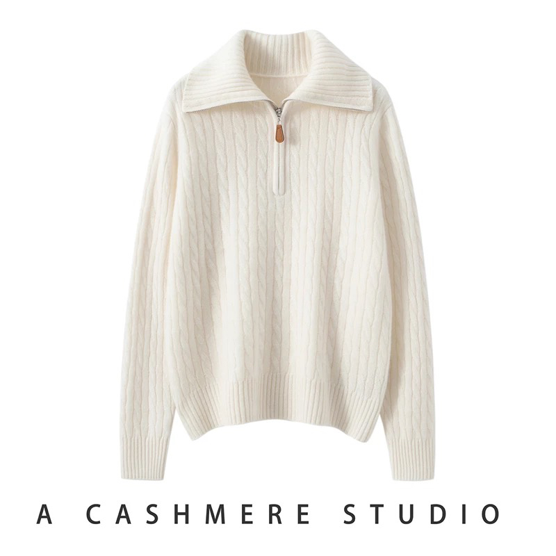 半拉链高翻领绞花羊绒衫女加厚针织毛衣100%纯山羊绒衫秋冬季新款