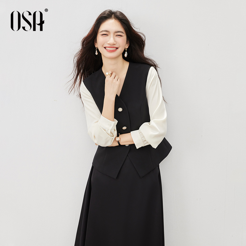 OSA撞色拼接灯笼袖衬衫上衣女秋气质收腰显瘦职场小衫S125C12009