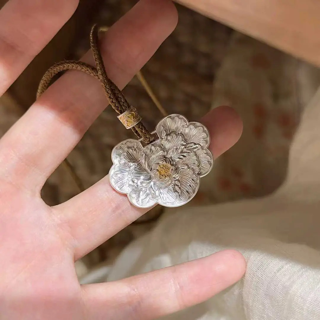 吊坠足银 白牡丹花吊坠项链足银999新中式精致百搭纯银送女友