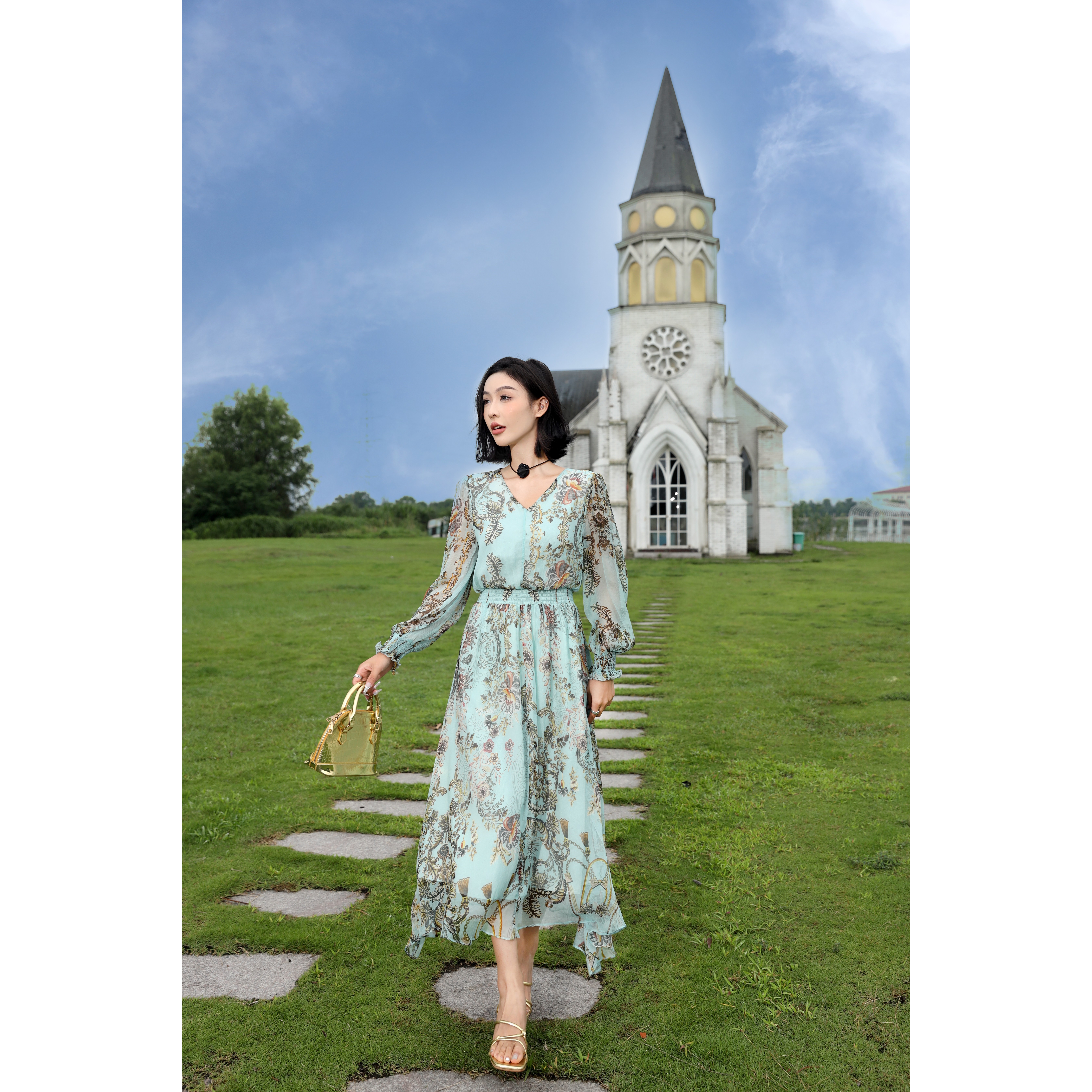 花色桑蚕丝收腰女装连衣裙63530