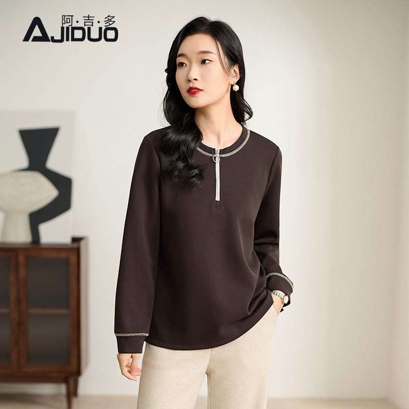 阿吉多长袖圆领卫衣女春季2026新款简约高级明线设计复古正肩上衣