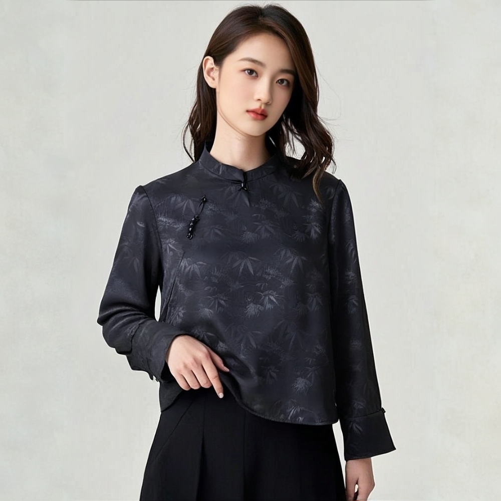 贵夫人53-长袖印染常规款薄款复古提花上衣重工时尚ins黑色气质