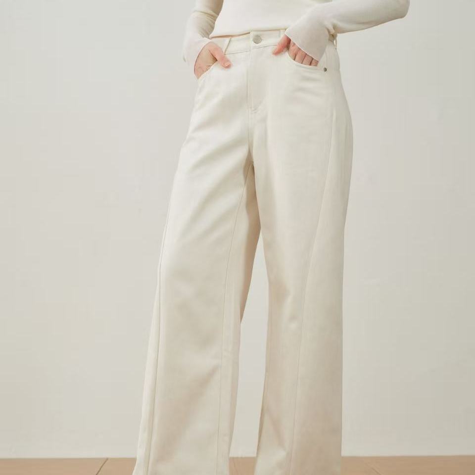 YIISENSEE 逸识老钱风阔腿直筒直筒微廓斜裁牛仔裤女秋冬季新款