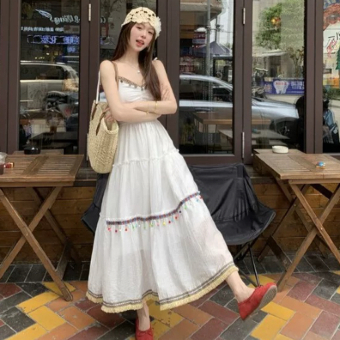 云南海边波西米亚流苏高腰吊带裙民族风大摆裙子