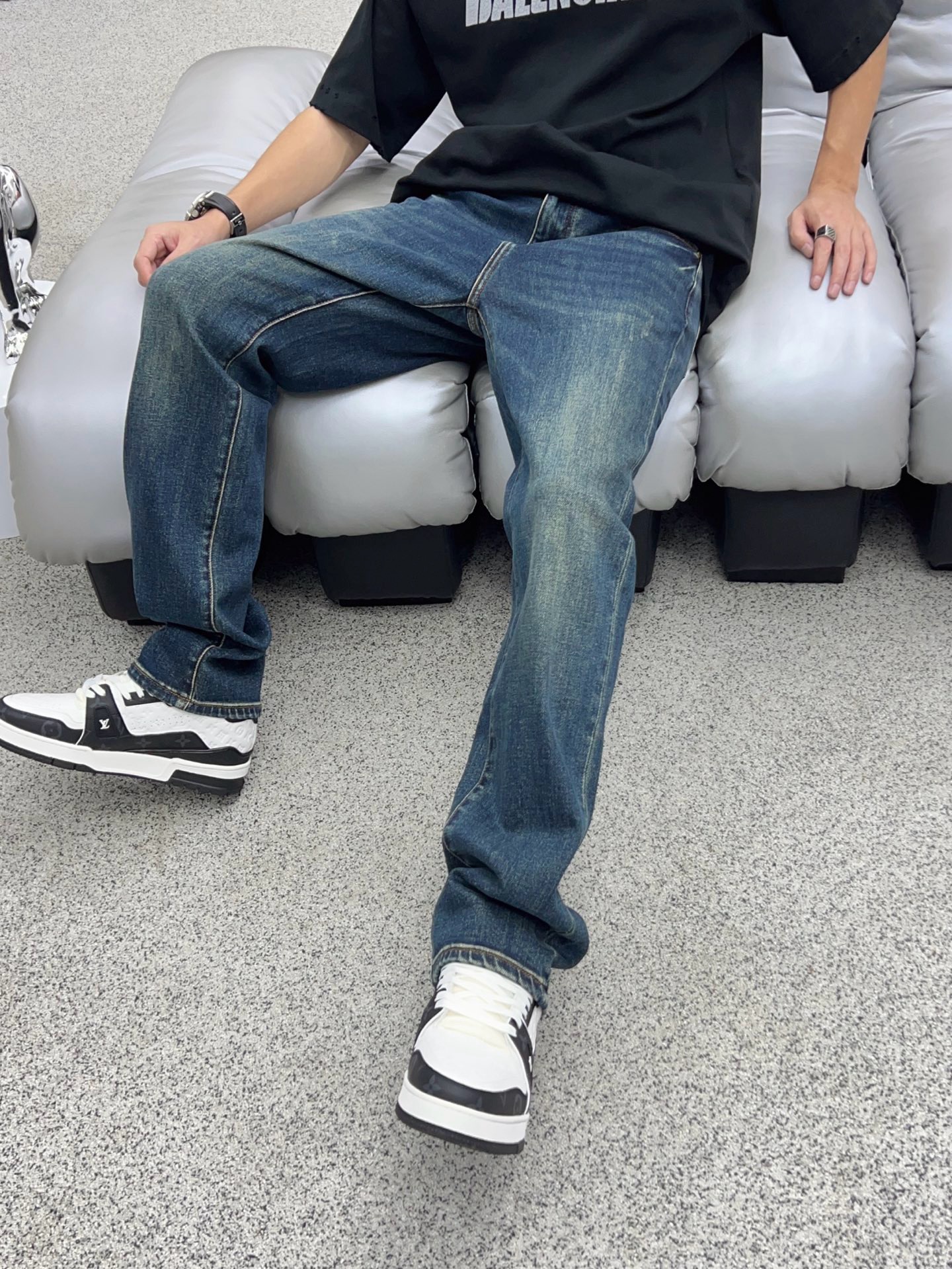 8207A-直筒裤大牌洗水复古蓝防褪色刺绣百搭男士牛仔长裤