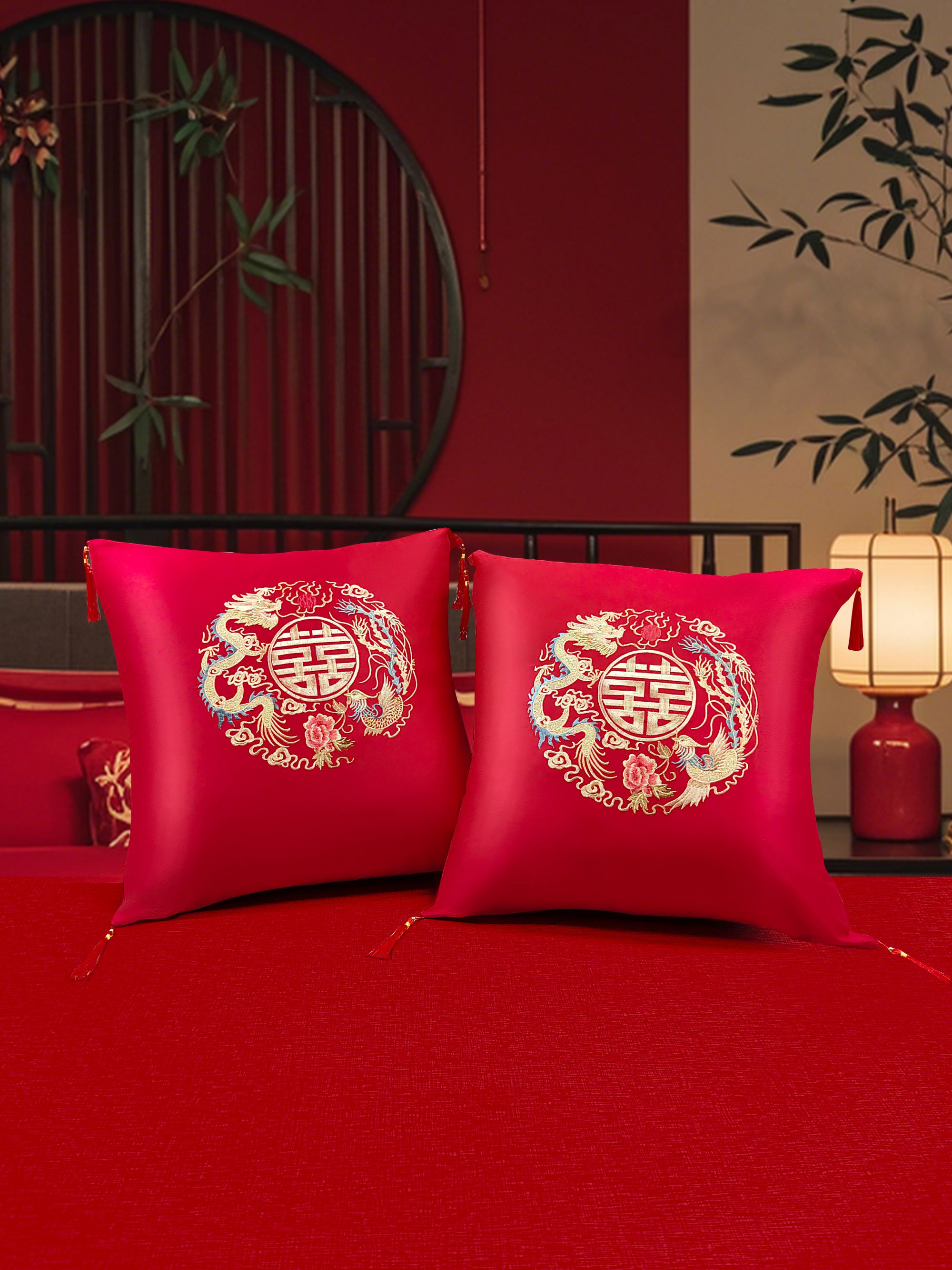花嫁喜铺【龙凤抱枕靠垫】中国凤结婚婚庆床品大红色靠枕