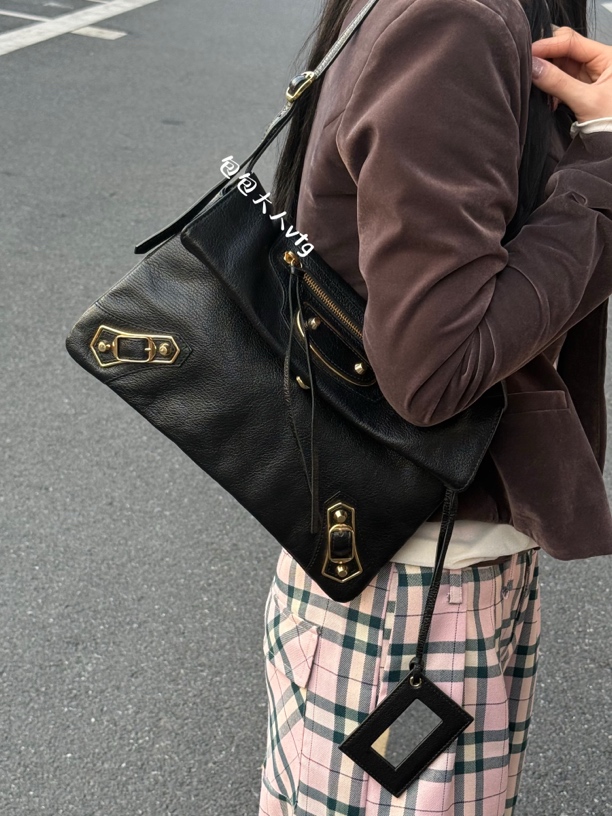 99新 Balenciaga/巴黎世家 黑金全皮机车单肩包