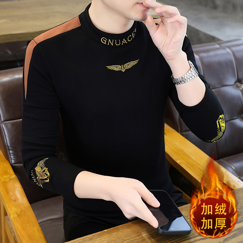 男士刺绣加绒圆领套头长袖套头款修身卫衣男装冬季半高领时尚潮流