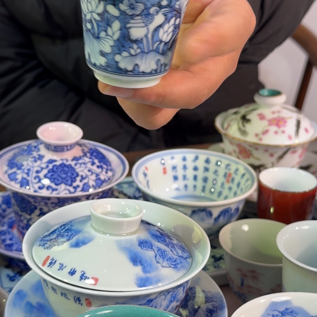 其他陶青花荷花仙鹤杯