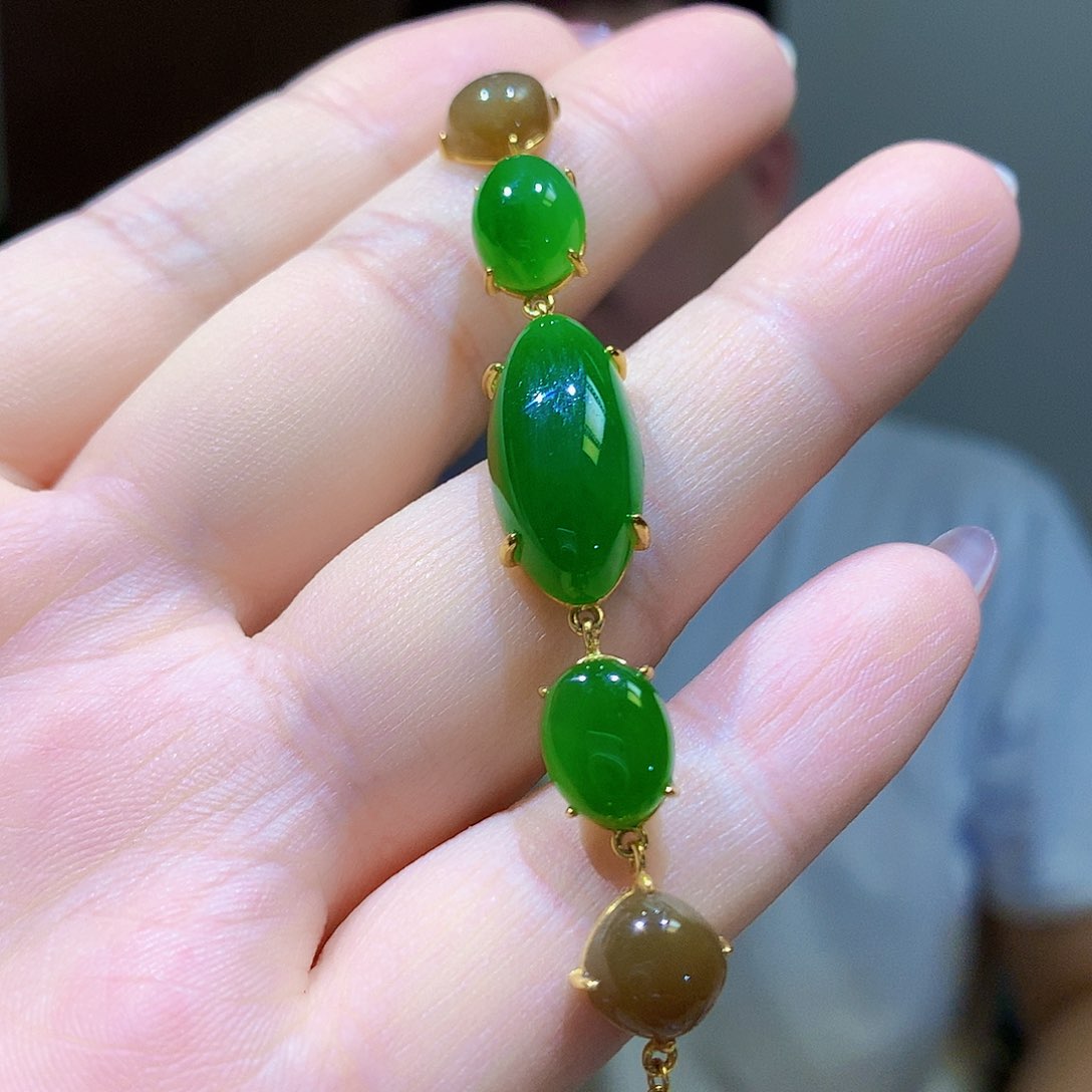 银S925镀金镶嵌手链和田玉（碧玉）