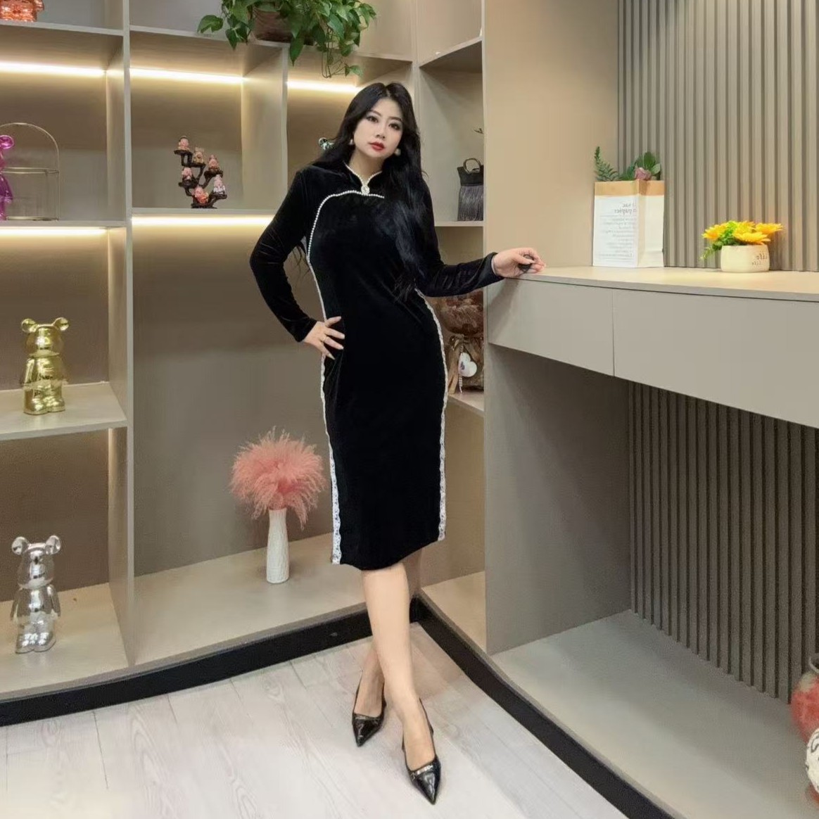 秋季连衣裙-冠 3698气质女人味设计旗袍款珠珠边胖MM大码女装新款