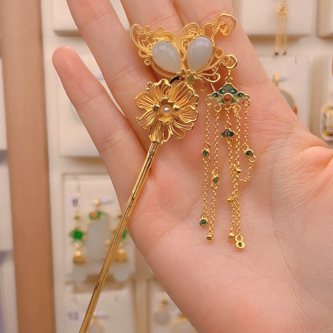 和田玉发簪银S925镀金镶嵌