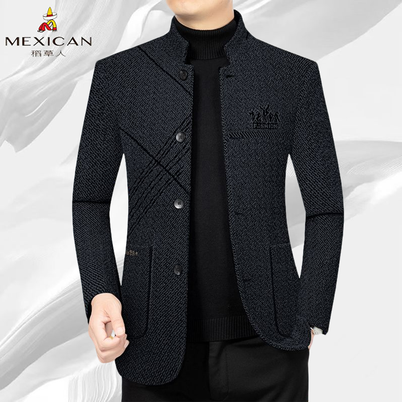 稻草人高档春秋毛呢男士立领休闲西装夹克外套商务休闲西服中山装