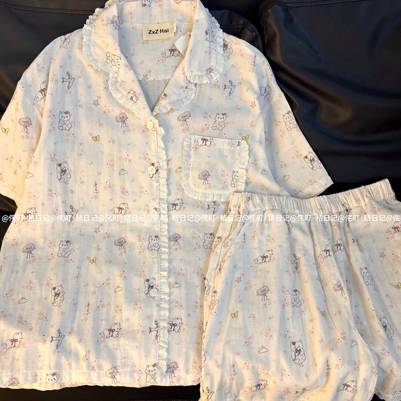 侘町2025年新款白色碎花猫咪短袖睡衣女纯棉夏季可外穿卡通家居服